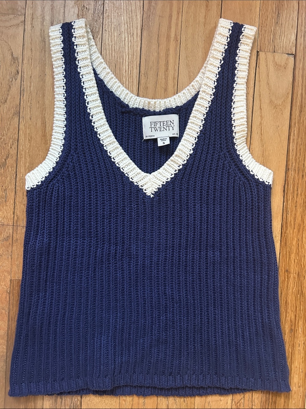 Fifteen Twenty Navy Knit V-Neck Tank with Cream Trim Crochet Edging